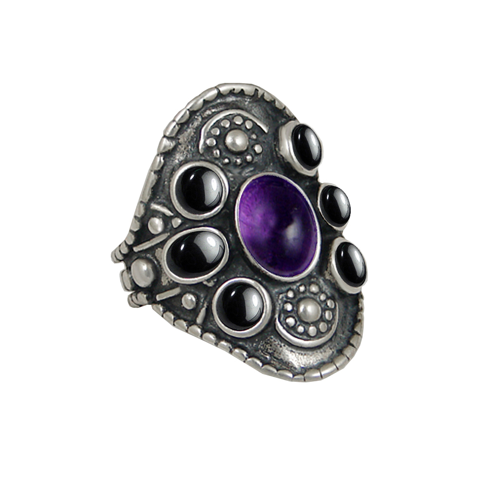 Sterling Silver High Queen's Ring With Amethyst And Hematite Size 8